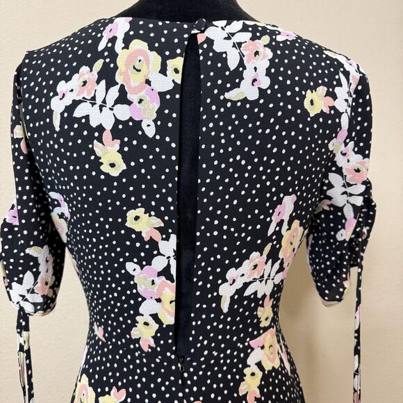 Topshop Dress Womens US 6 Black Floral Polka Dot Short Sleeve Fit Flare Bow Tie - Picture 7 of 16